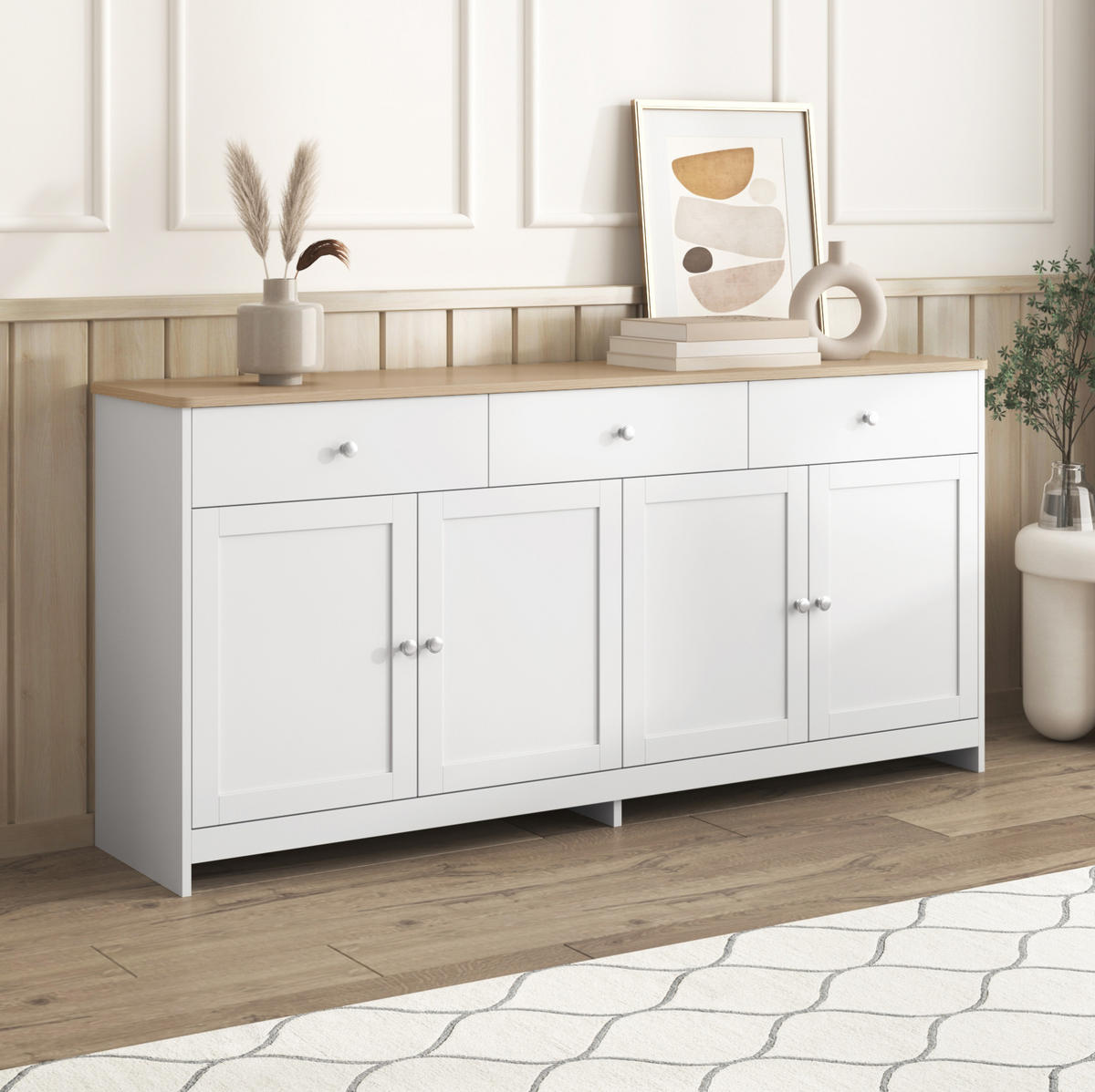 SIDEBOARD aus MDF 160x37x75 cm Weiß/Holzfarbe mit 3 Schubladen, 4 Türen und verstellbaren Einlegeböden - Weiß, Holzwerkstoff (160/75/37cm) - Modfu