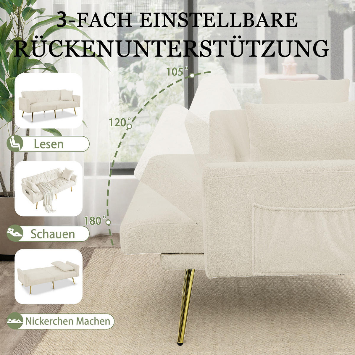 SCHLAFSOFA 177/78/74 cm in Beige Teddyfell mit Aufbewahrungstasche - Beige, Textil (177/74/78cm) - Oxeza