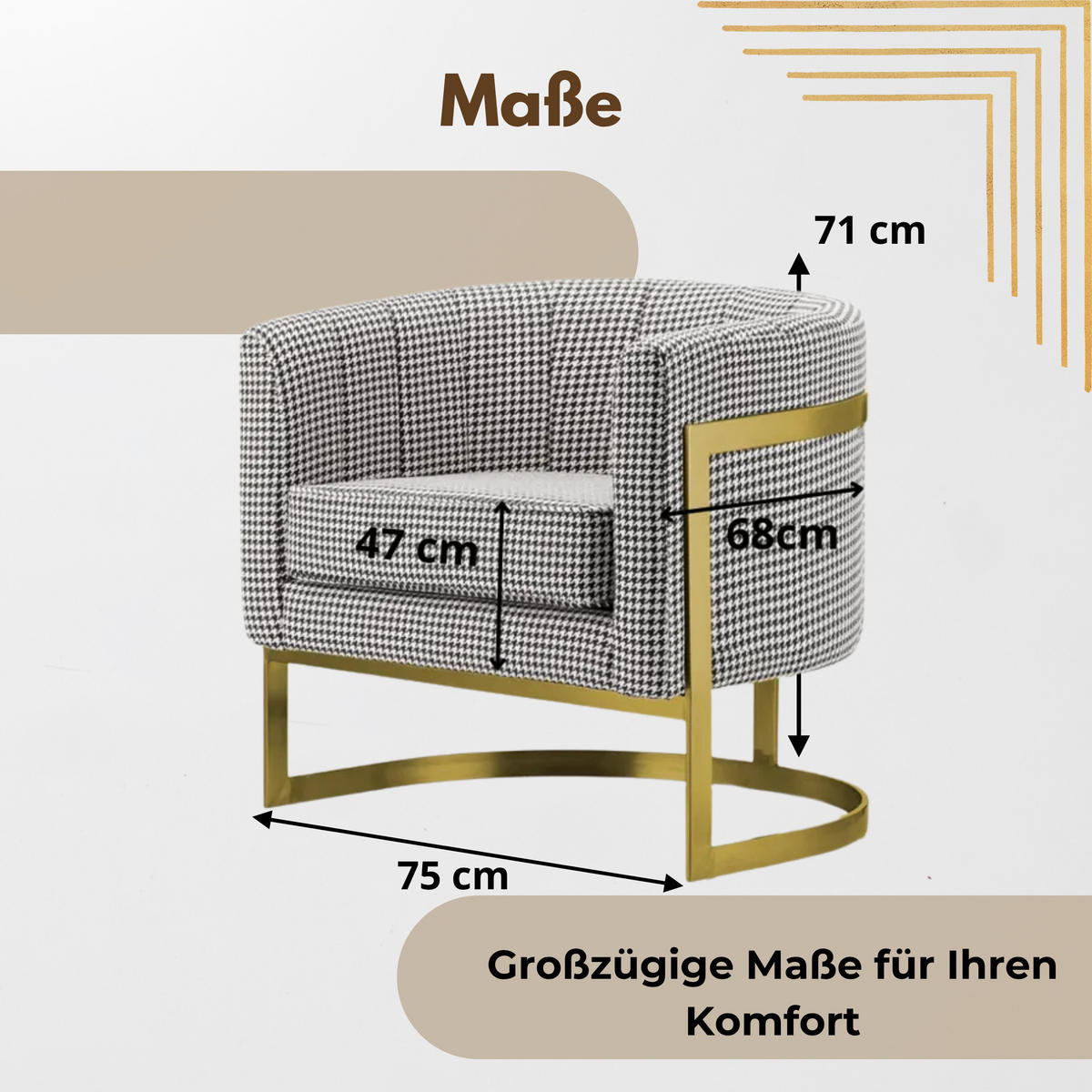 DESIGNSESSEL Sessel mit Edelstahlrahmen Modern Glamour – Pepitamuster - Silberfarben, Textil/Metall (75/71/68cm) - Fortisline