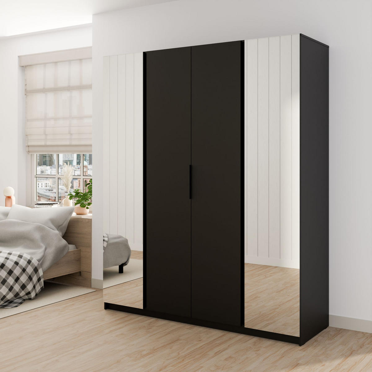 DREHTÜRENSCHRANK CAGLIARI 200/239/61,9cm 4-türig mit Spiegel Schwarz - Schwarz, Holzwerkstoff (200/239/61.9cm) - MASSENO