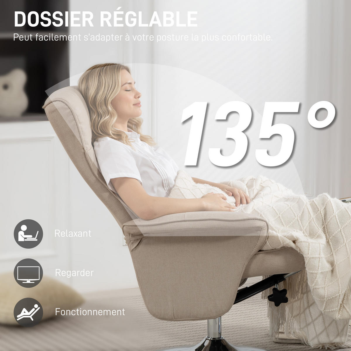 RELAXSESSEL DE-17420 135° neigbar, 360° drehbar mit Fußstütze Beige - Beige, Metall (71/104/69cm) - ComfortXL