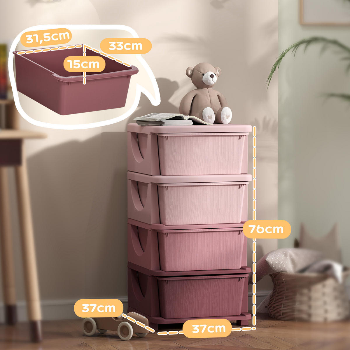 AUFBEWAHRUNGSBOXEN für Kinder, 4 große Schubladen, Kunststoff, Rosa - Rosa, Kunststoff (37/76/37cm) - HOMCOM