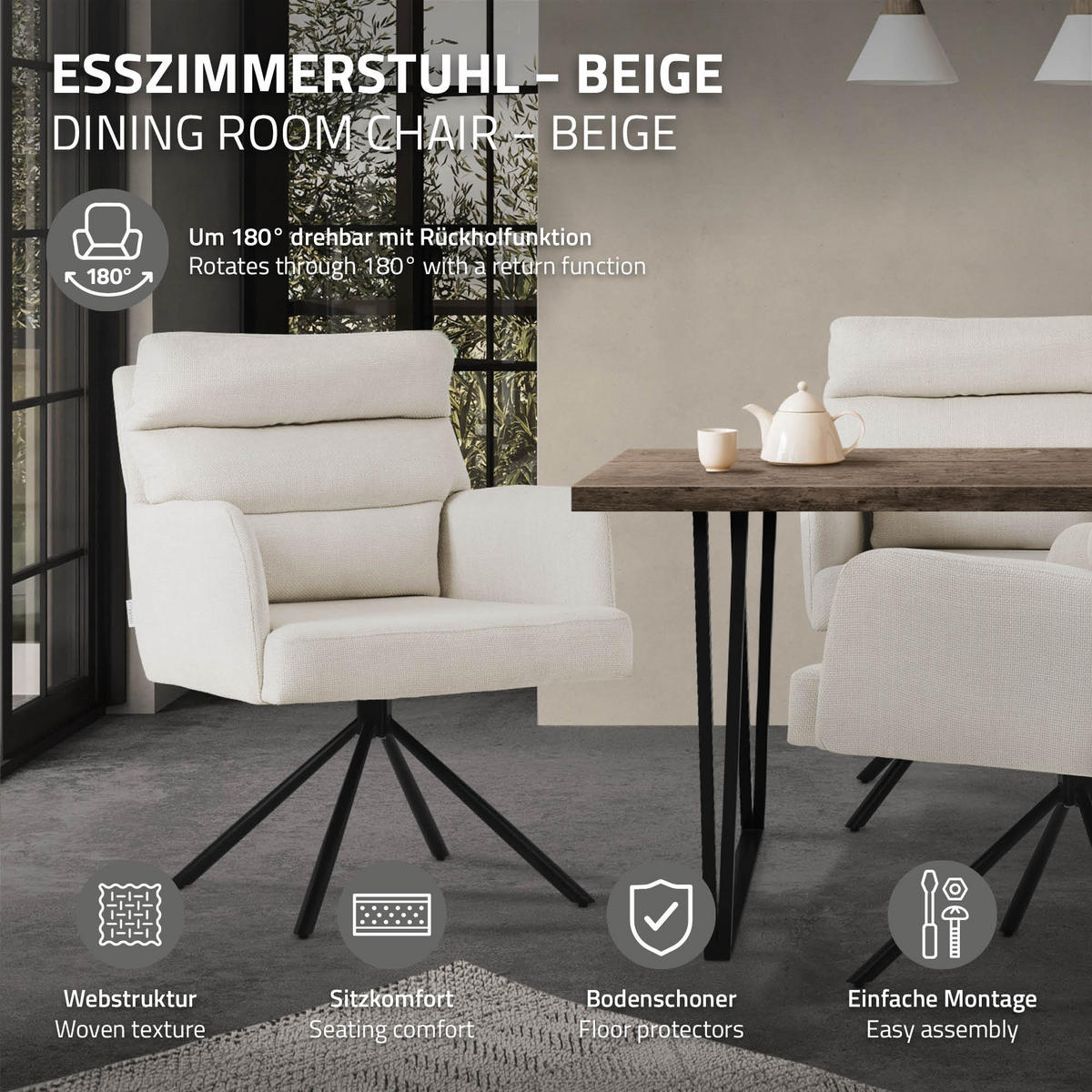 ESSZIMMERSTUHL 2er Set drehbar Beige Stoffbezug - Beige/Schwarz, Textil/Metall (64.5/93/64cm) - ML-DESIGN