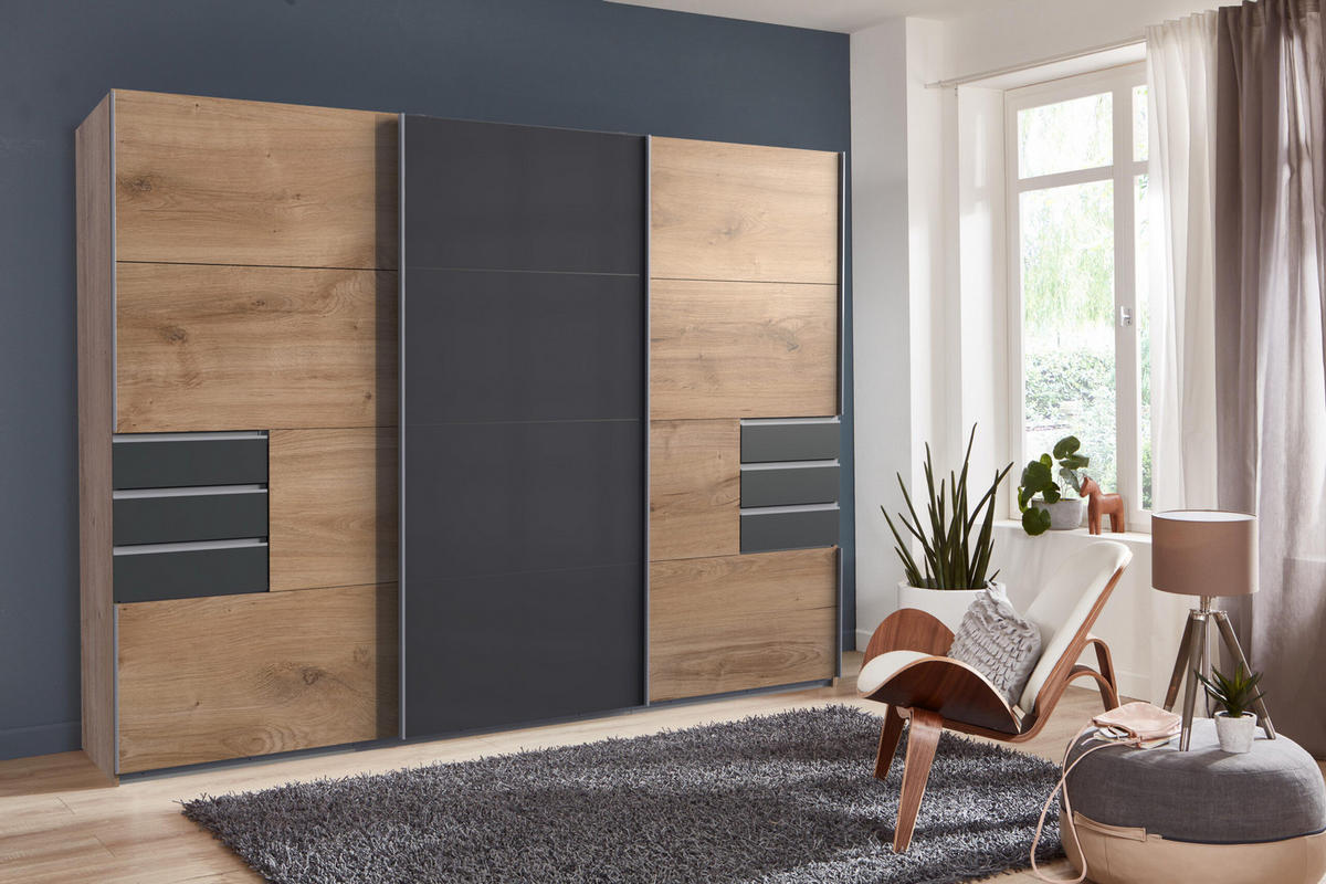KLEIDERSCHRANK Saigon in Plankeneiche und Grafit mit einer Türfront in Glas Grey – Schwebetürenschrank 3 türig - 270 cm Breite - Braun, Holzwerkstoff (80/200/120cm)