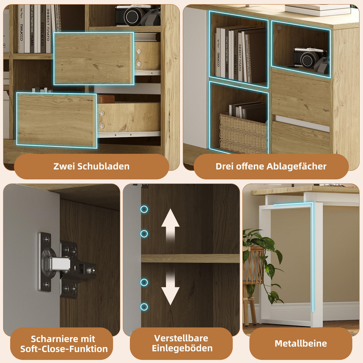 SCHREIBTISCH in Naturfarbe L-förmiger Bürotisch mit 2 Schubladen und verstellbaren Regalböden - Weiß/Naturfarben, Holzwerkstoff/Metall (40/113.5/76cm) - STILVORA