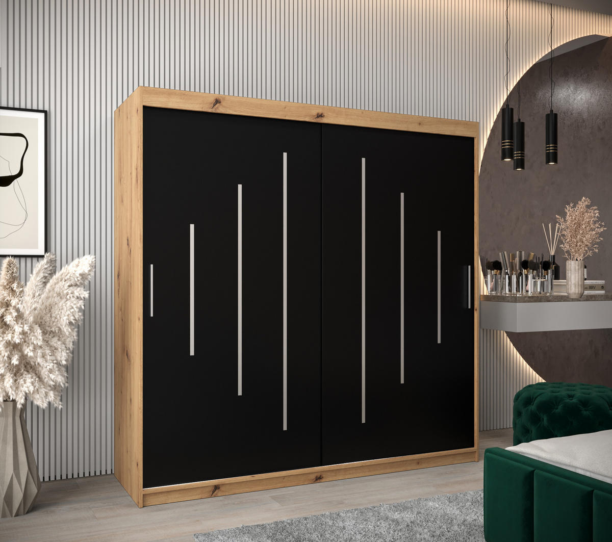 SCHWEBETÜRENSCHRANK 200/200/62 2-türig - Silberfarben/Schwarz, Holz/Kunststoff (200/200/62cm) - Abiks Möbel