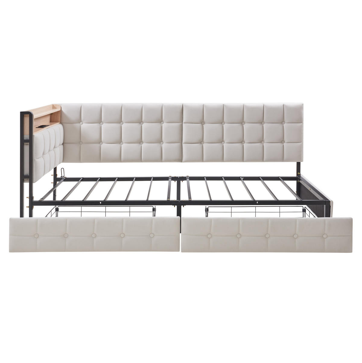POLSTERBETT aus Samt 90x200 cm Beige mit 2 Schubladen, LED-Lichtleiste, USB- und Typ-C-Anschluss - Beige, Textil (90/200cm) - Modfu