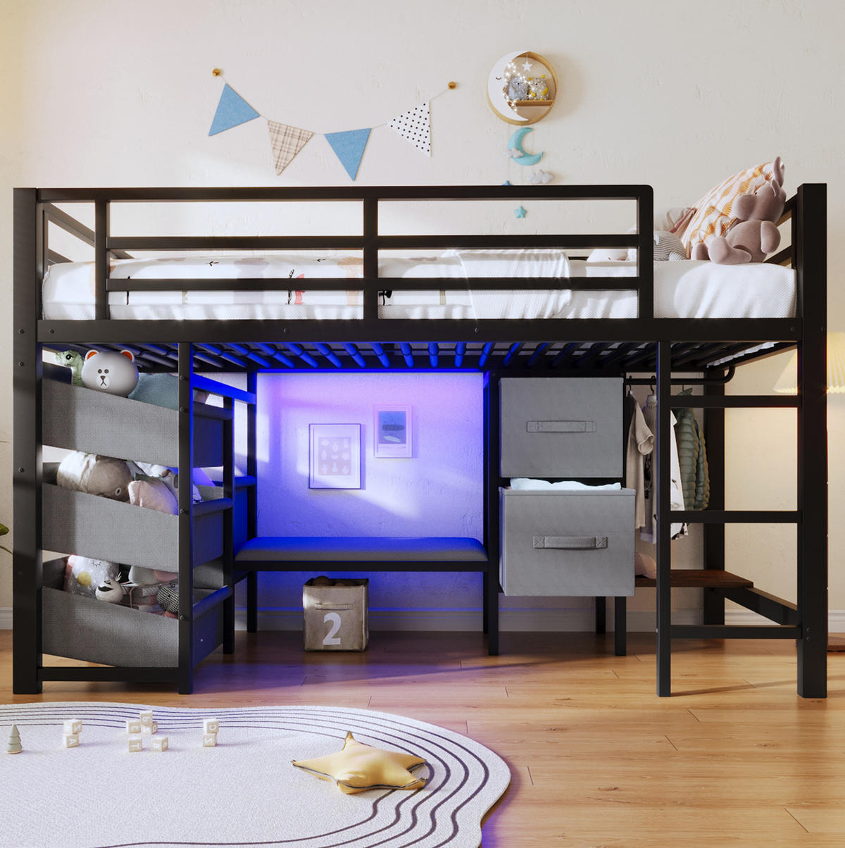 HALBHOHES Bett aus Metall 90x200 cm Schwarz mit LED-Beleuchtung, Sitzkissen und Stauraum - Schwarz, Metall (90/200cm) - IVMEU
