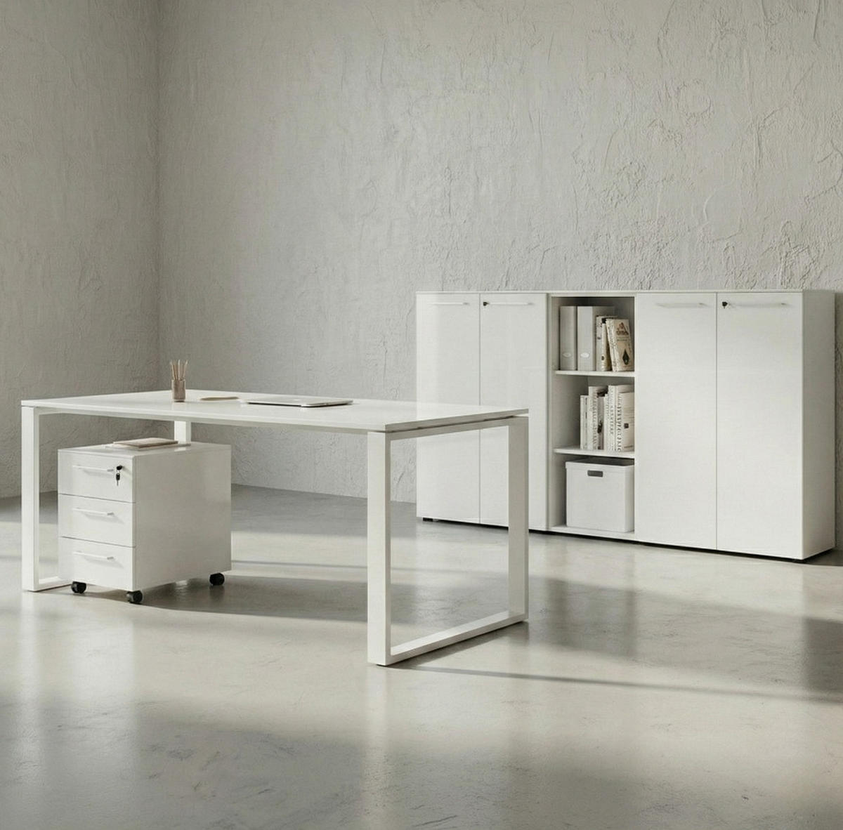 BÜRO-SET MUENCHEN 5-teilig weiß | Glasfront Abschließbar | Schreibtisch, Container, 2 Schränke, Regal - Weiß, Holzwerkstoff/Metall (415/120/80cm) - KADIMA DESIGN