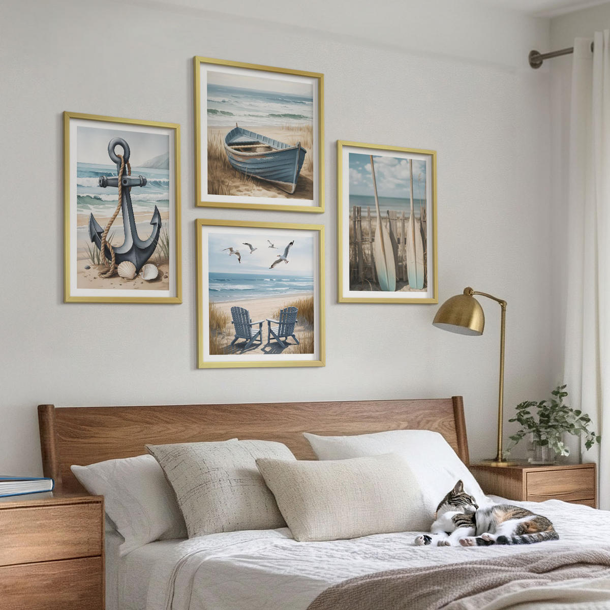 BILDER SET 4er Set - 50x50 cm & 40x60 cm Goldrahmen - Anker, Boot, Ruder, Strand - Goldfarben, Kunststoff (50/50cm) - TULUP