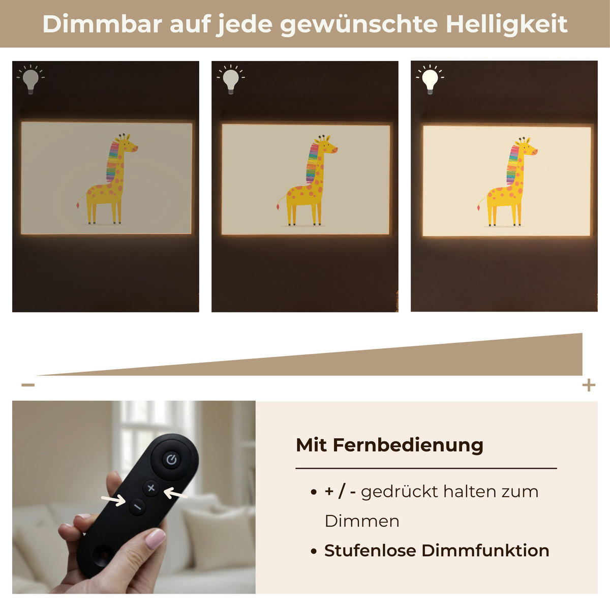 NÁSTĚNNÁ LAMPA S AKUMULÁTOREM Žirafa - Duhová hříva - béžová 100x70 cm - béžová, kompozitní dřevo (100/70/8cm) - OnlyWow