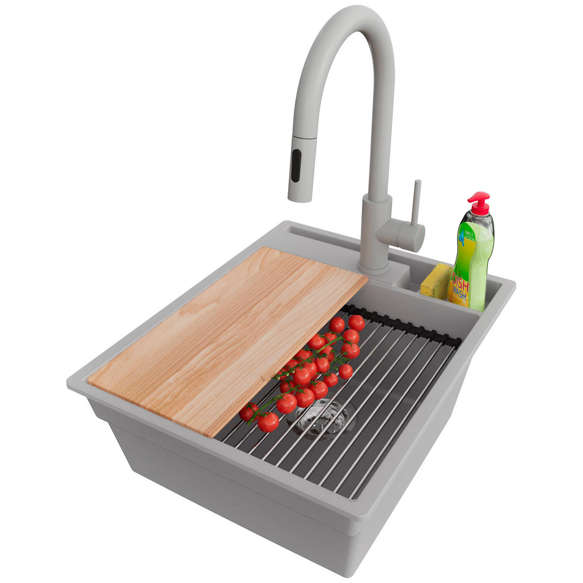 GRANITSPÜLE Oslo Pocket, 2-er set Grau 43/53 cm 1 Becken + Küchenarmatur 40/20 cm + Ablauf-Set + Küchenzubehörset ab 45er Unterschrank - Chromfarben/Beige, Kunststoff (43/20/53cm) - Primagran