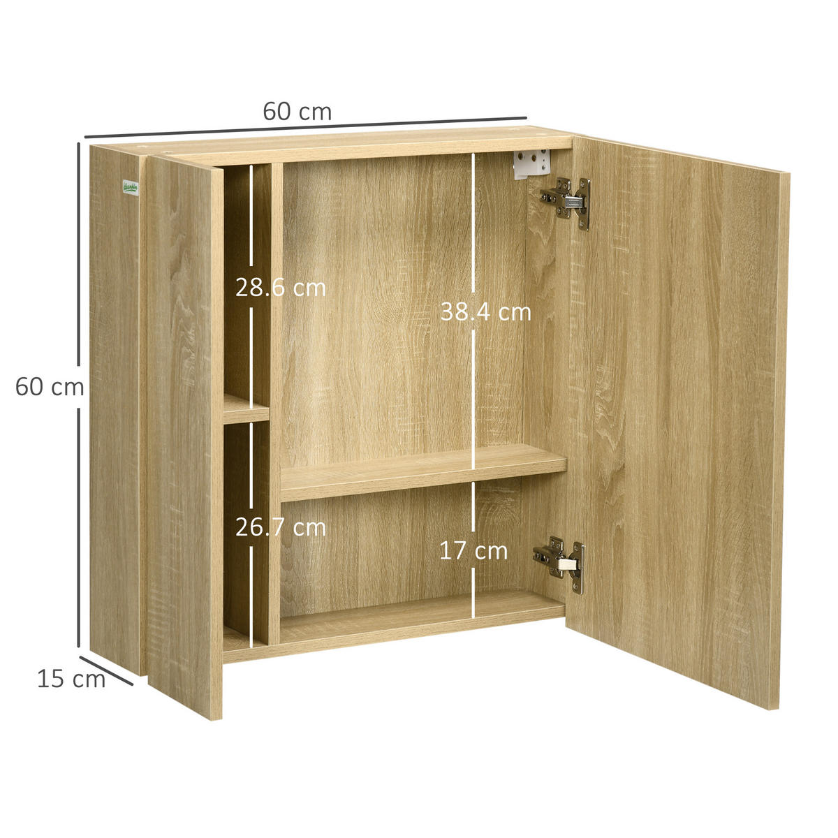 SPIEGELSCHRANK Spiegelschrank mit Spiegel und 4 Einlegeböden, 60 x 15 x 60 cm ,holzfarben - Braun, Glas (60/60/15cm) - Vallsero