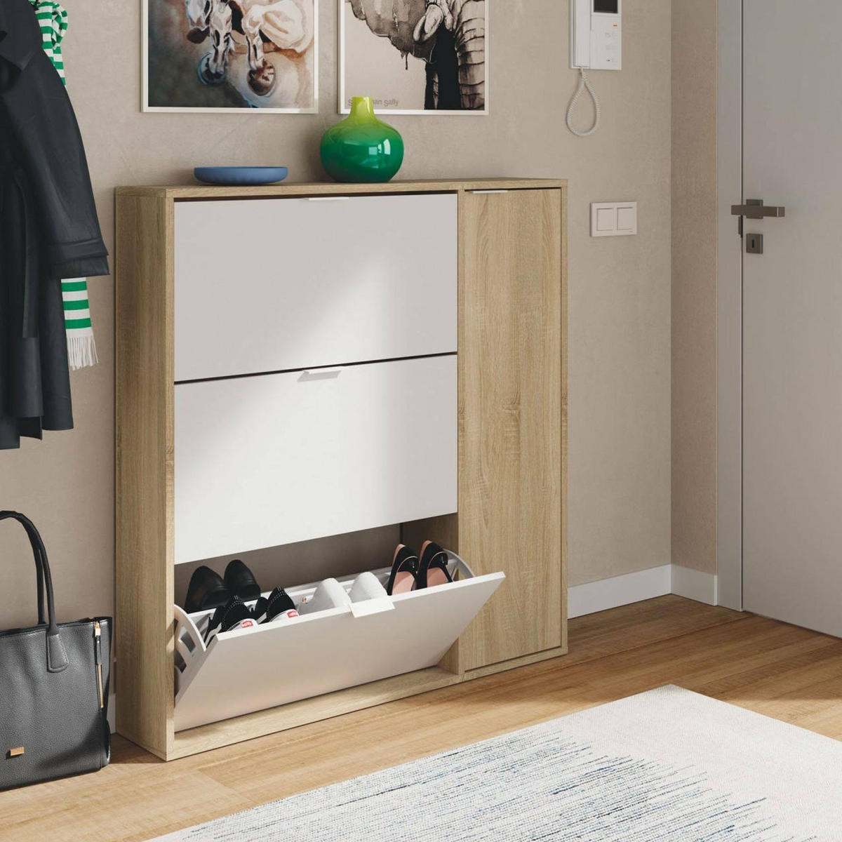 SCHUHSCHRANK Eiche, Weiß 22/106/115 cm - Wildeiche/Weiß, Holzwerkstoff (106/115/22cm) - DMORA