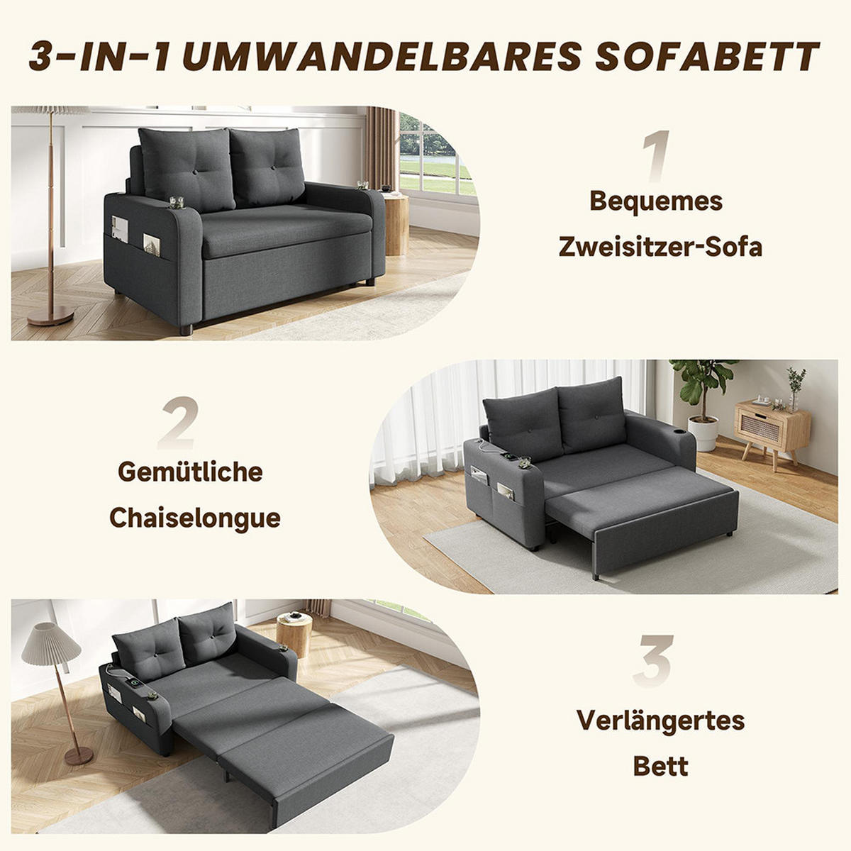 KLAPP-DOPPELSOFA mit Schlaf-Funktion in Grau - Grau, Textil (81/94/131cm) - KOMHTOM