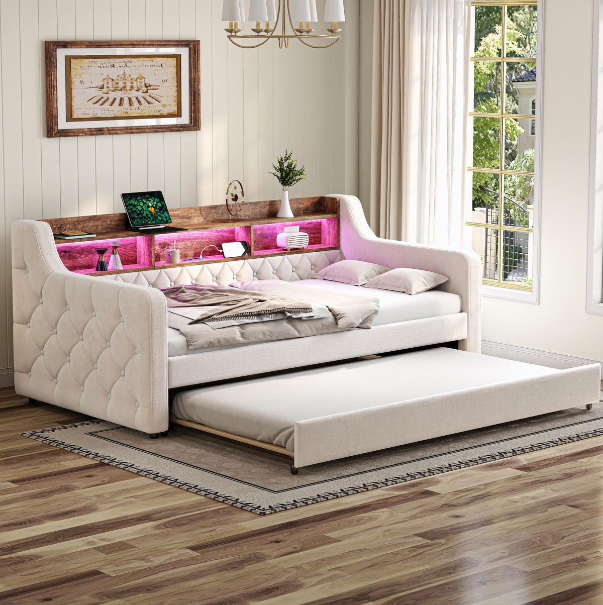 SCHLAFSOFA 90/190 cm aus Samt mit Ausziehfunktion, LED-Beleuchtung, USB-C und Stauraum, Beige - Beige, Textil (201/75/107cm) - Redom