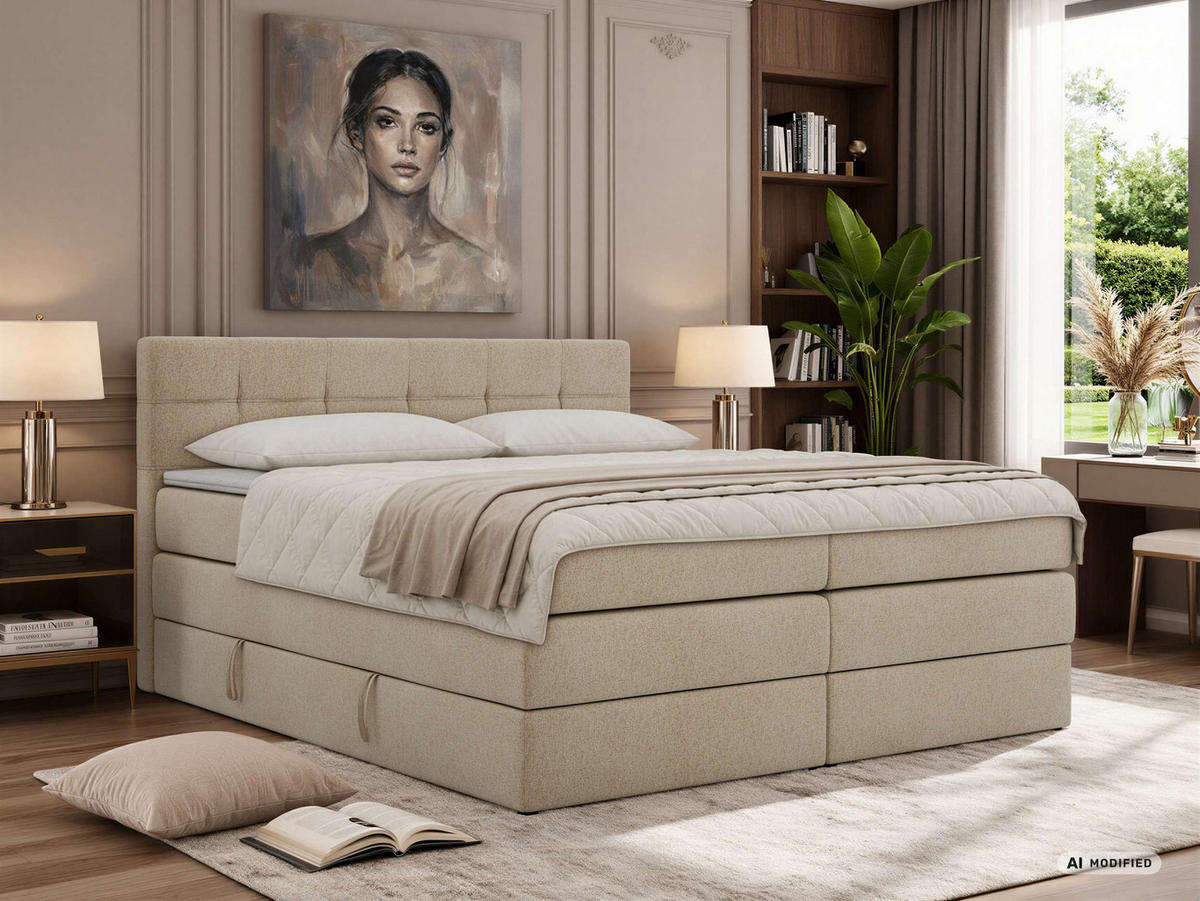 BOXSPRINGBETT SOLVEN KING 160/200 - Beige Stukture - Topper T25 - H3 - Beige/Schwarz, Kunststoff/Textil (160/200cm) - MKS