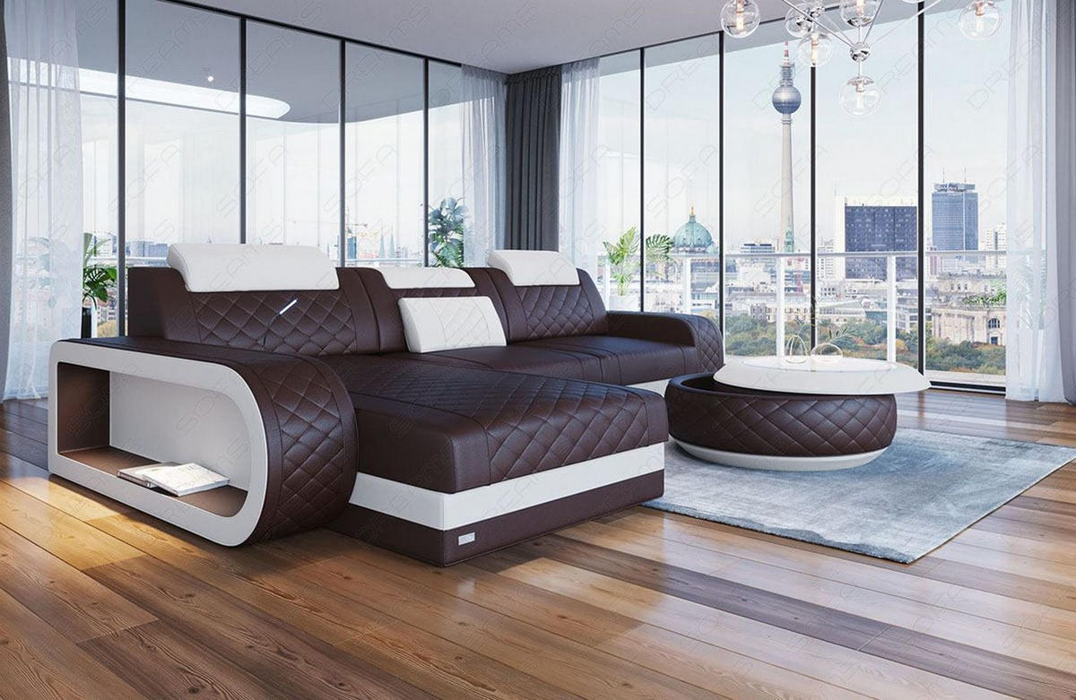 ECKSOFA Sofa Berlin Dunkelbraun Weiß Echtleder - Dunkelbraun, Leder (308/198cm)
