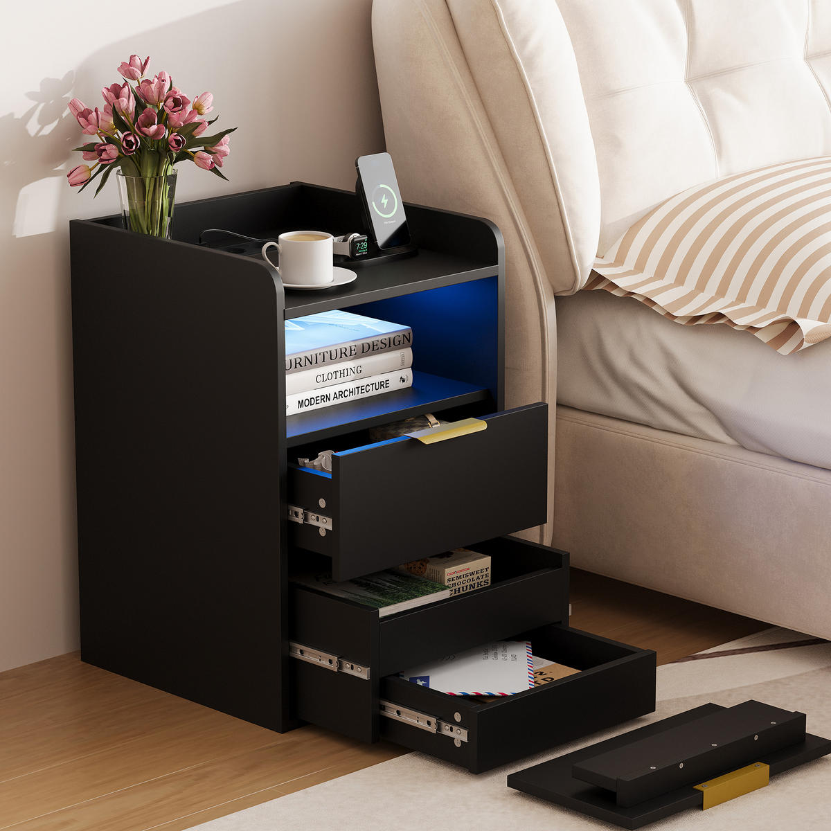 NACHTTISCH Schwarz mit LED-System, Steckdose, 2 Schubladen und Geheimfach - Schwarz, Holz (40/60/40cm) - PARAFTA HOME
