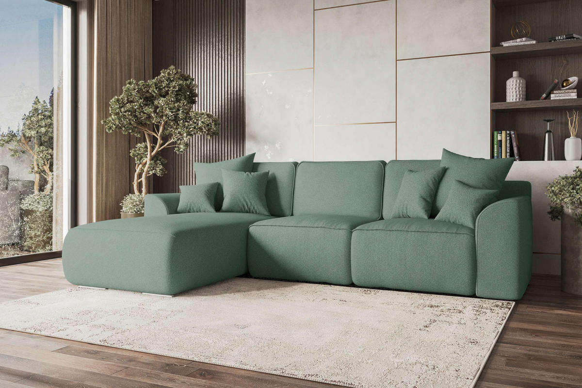 ECKSOFA GUSTO Strukturstoff Salbeigrün Links inkl. Schlaffunktion - Chromfarben/Salbeigrün, Kunststoff/Textil (194/295cm) - 99rooms