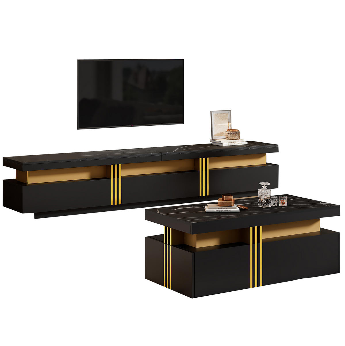 TV-ELEMENT aus Spanplatte 200x40x42 cm Schwarz mit Couchtisch, Schubladen und Marmor-Optik - Schwarz, Holzwerkstoff (100/40/50cm) - Modfu