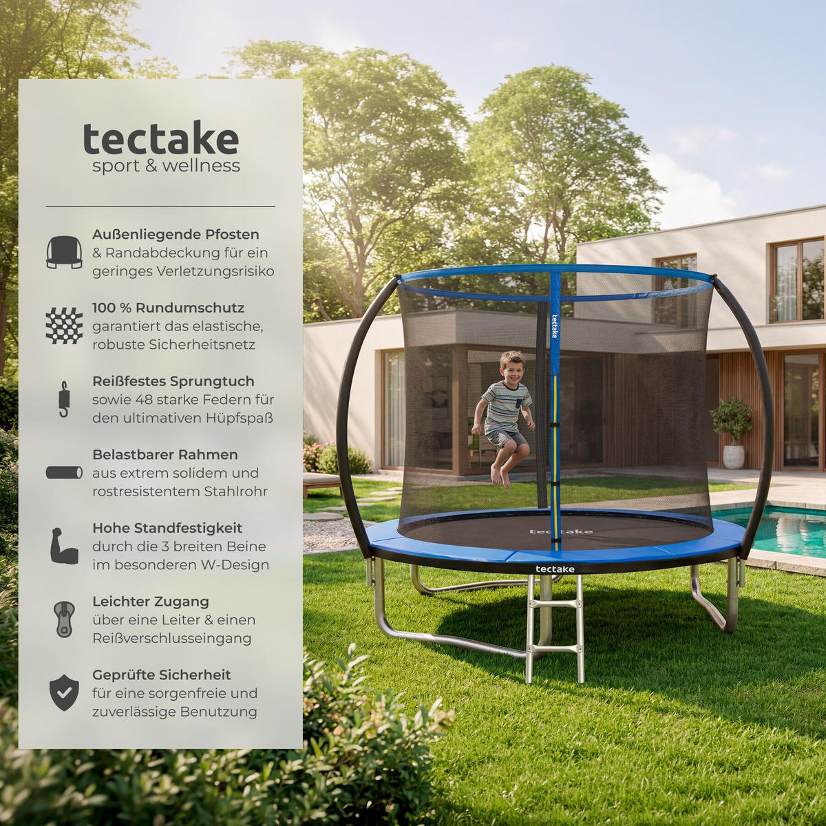 TRAMPOLIN Jumpy, inklusive Einstiegsleiter, schwarz/blau - Blau/Schwarz, Metall (260/250/260cm) - tectake
