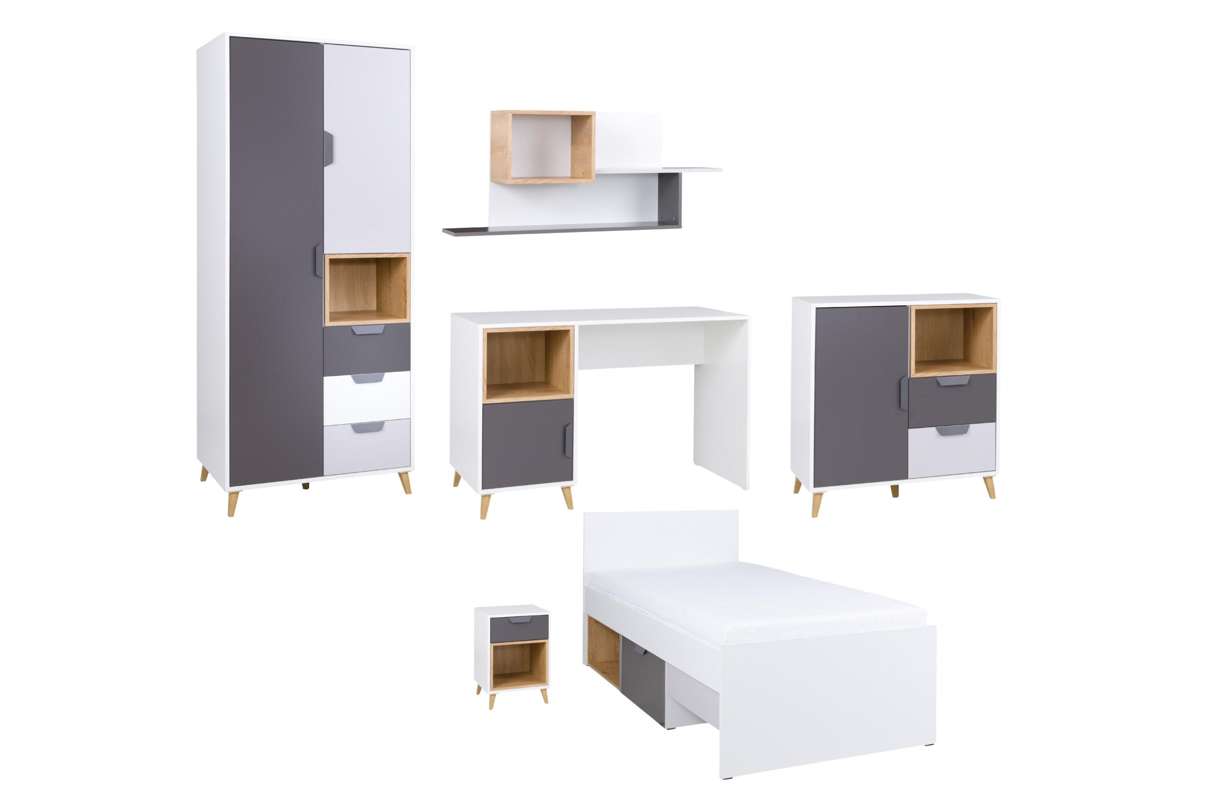 JUGENDZIMMER-SET JUSTIN G 6-teilig in Weiß / Graphit / Grau / Eiche - Eichefarben/Graphitfarben, Holzwerkstoff (536/190/204cm) - Deine Möbel 24