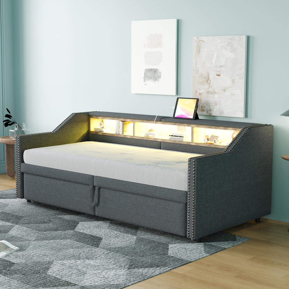AUSZIEHBETT 90/180 x 200 cm Dunkelgrau mit LED-Beleuchtung, USB-Anschluss und Stauraum - Dunkelgrau, Textil (90/200cm) - Flora Grace