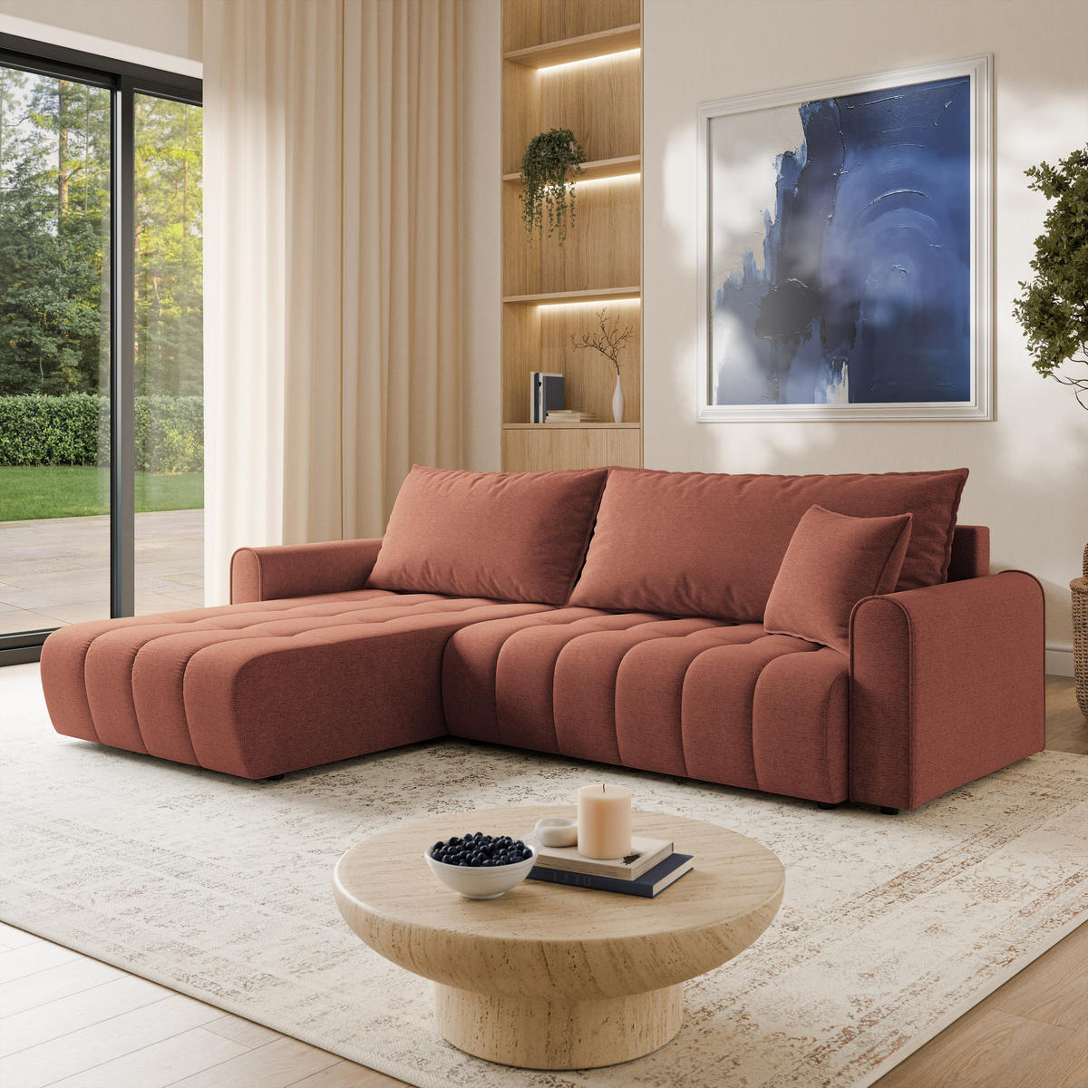 ECKSOFA FRIGA Orange Strukturstoff mit Schlaffunktion - Terracotta, Holz (283/185cm) - MASSENO