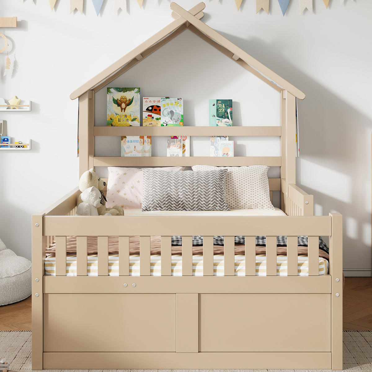 HAUSBETT 140 x 200 cm mit Ausziehbett, Cream - Creme, Holz (140/200cm) - KOMHTOM