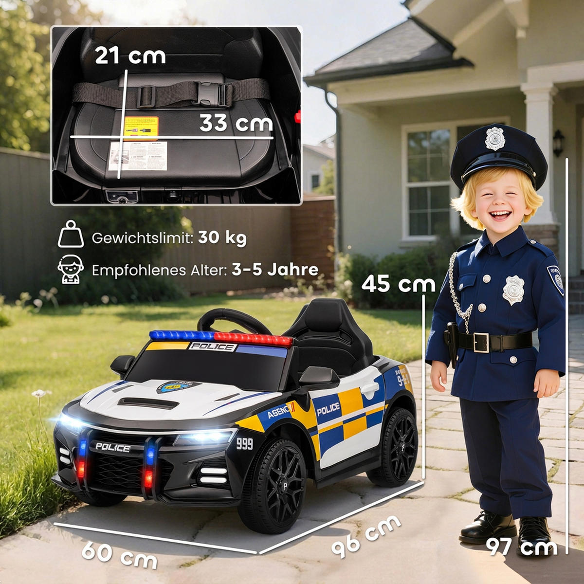 KINDER-POLIZEIAUTO Kunststoff Metall Weiß - Weiß, Kunststoff (96/60/45cm) - AIYAPLAY