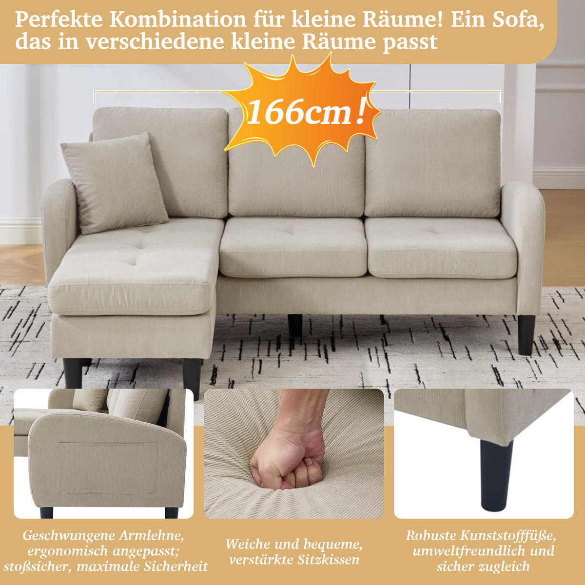 ECKSOFA Cordbezug mit modularer Chaiselongue Hellbraun 166/118/77 cm - Hellbraun, Textil (166/118cm) - Redom