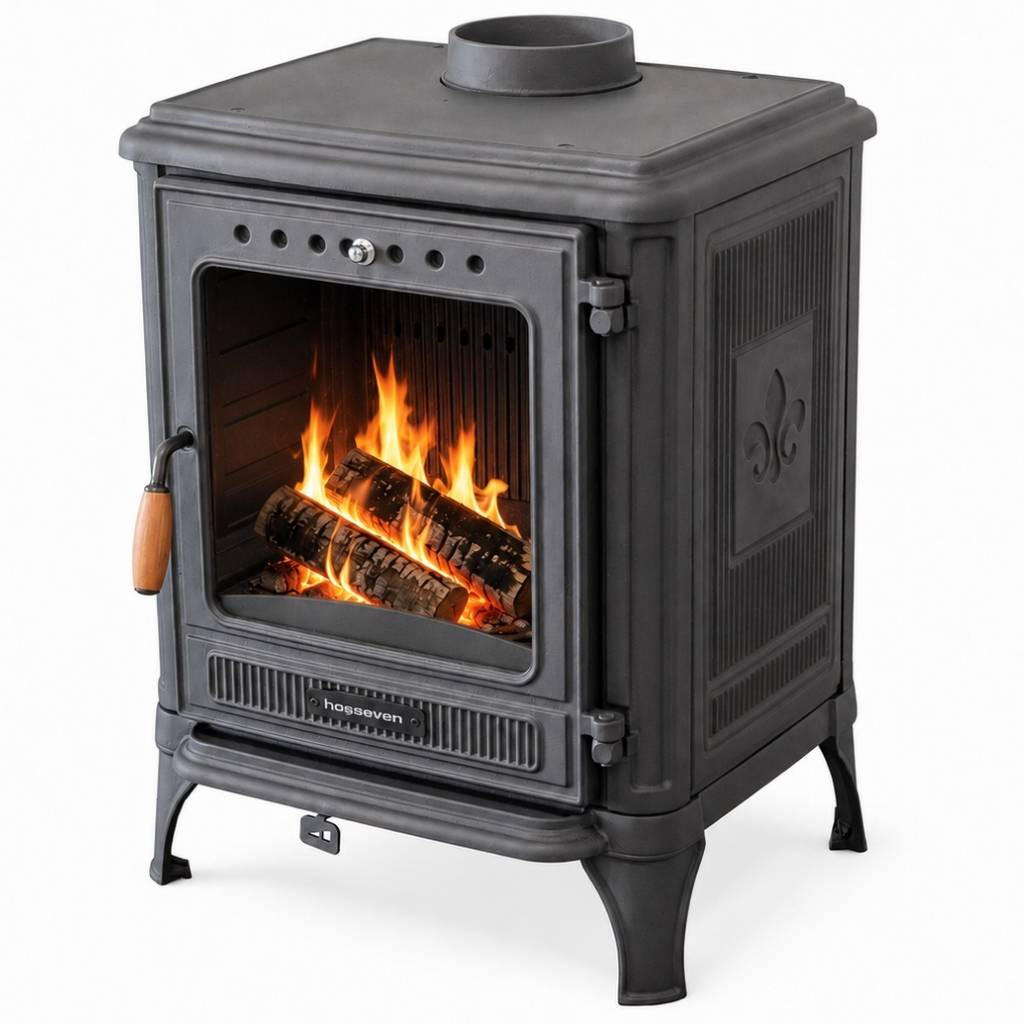 HOSSEVEN Kaminofen Holzofen Gusseisen 7 kW Holz Ofen Kamin 8005 Heizofen - Schwarz, Metall (51.6/68.3/45.8cm)