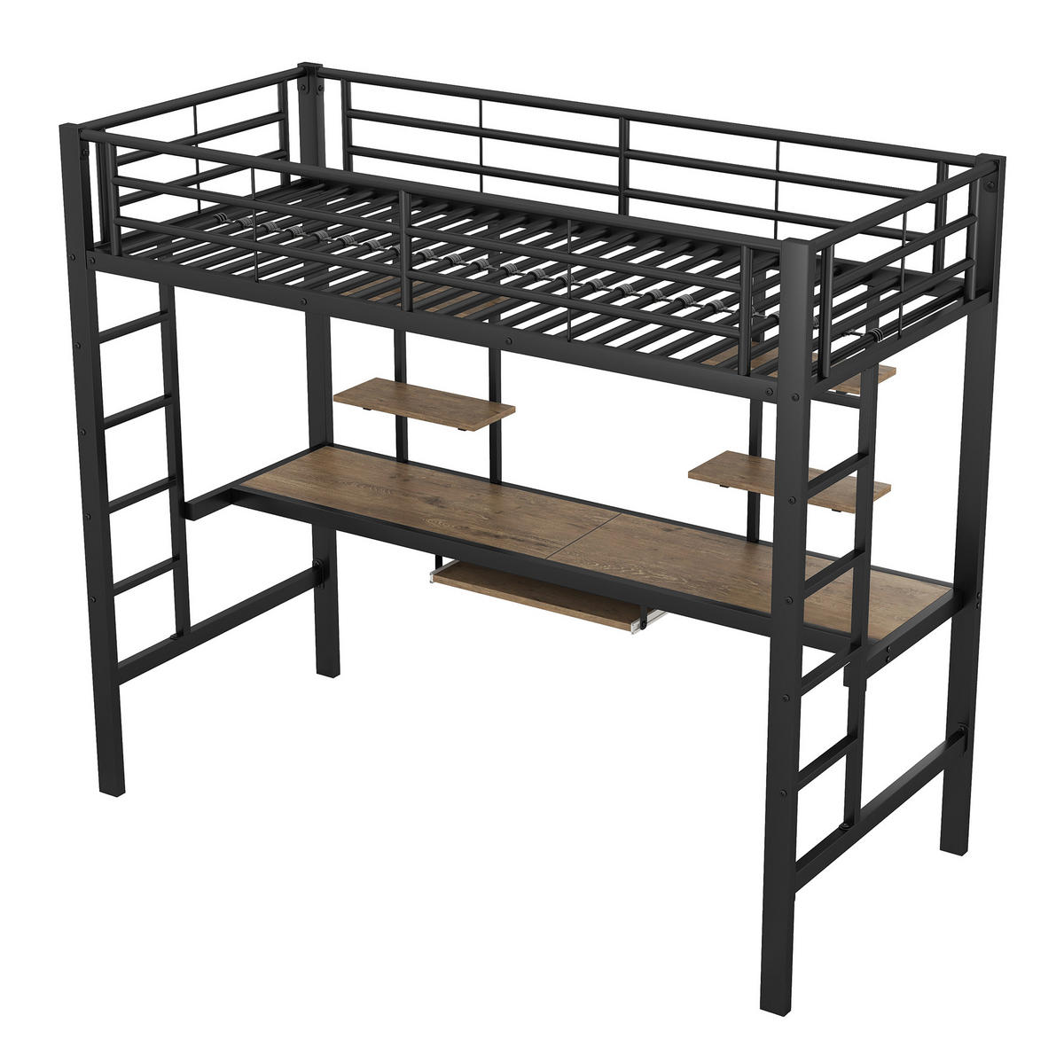HOCHBETT aus Metall 90x200 cm Schwarz mit Schreibtisch, 2 Regalen und Leiter platzsparend - Schwarz, Metall (90/200cm) - Modfu