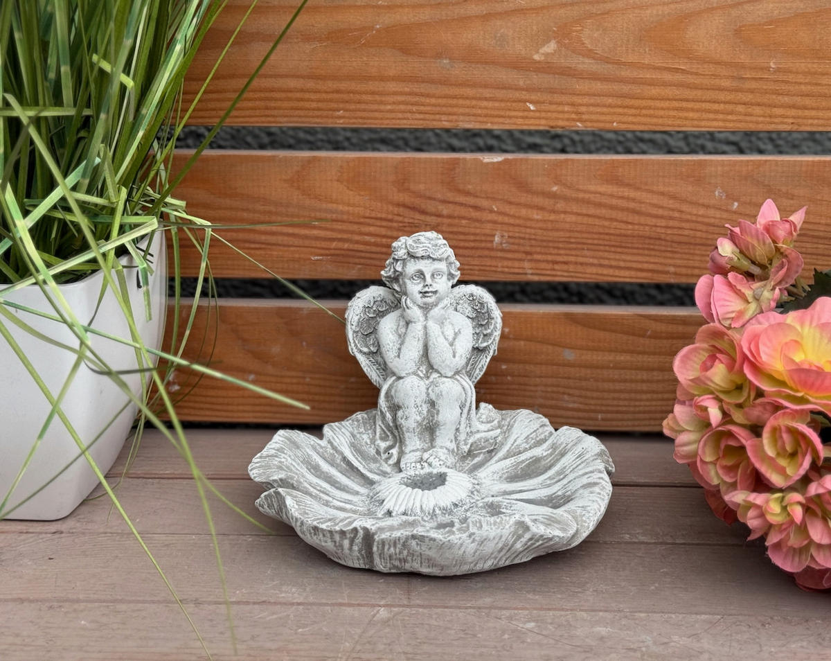 STEINFIGUR Engel auf Blüte frostfest Steinguss - Grau, Stein (16/12/16cm) - stoneandstyle