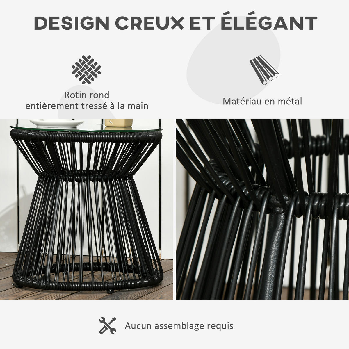 GARTENBEISTELLTISCH DE-13609 rund mit Glasplatte, PE-Rattanoptik Schwarz - Schwarz, Kunststoff/Metall (40/40/42cm) - ComfortXL