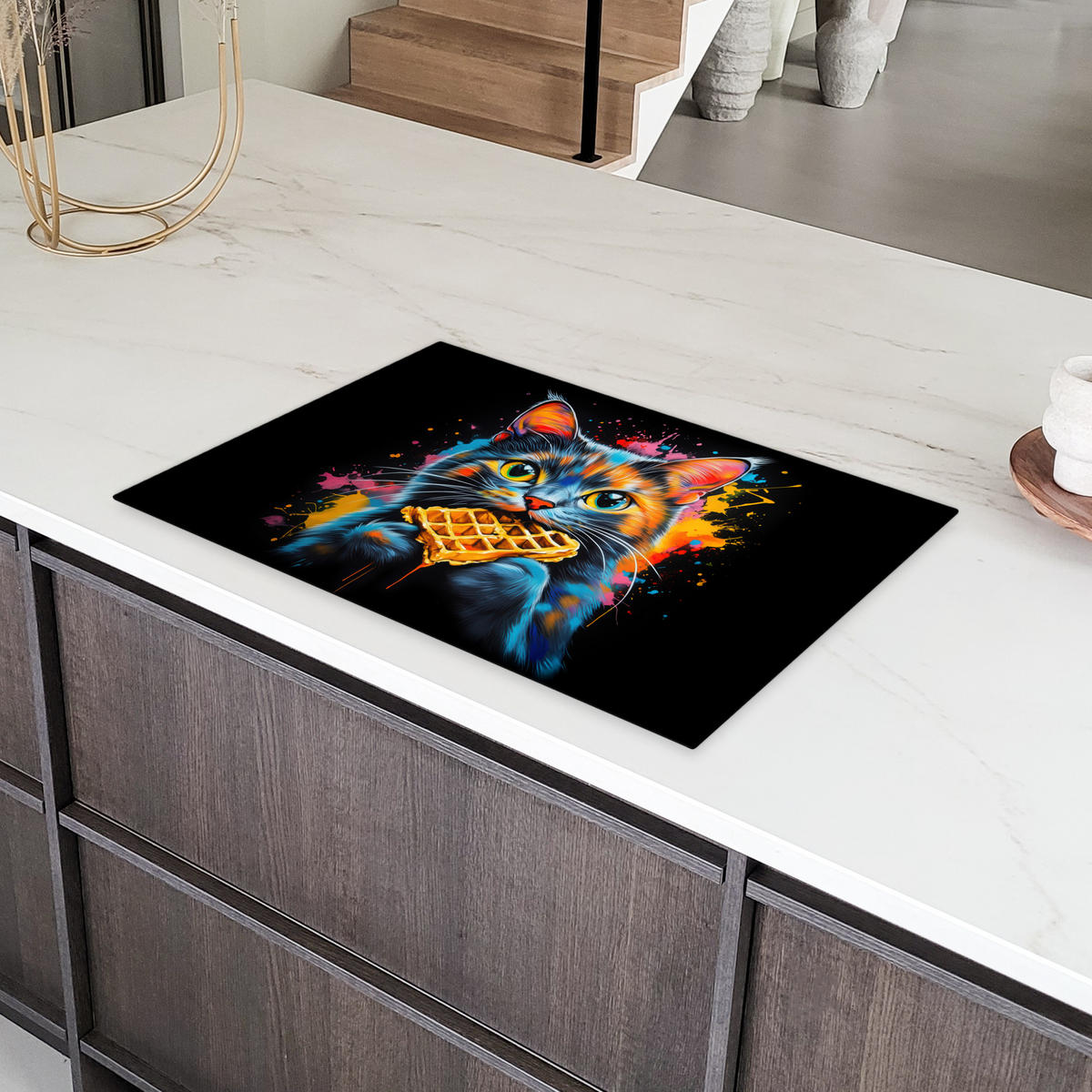 HERDABDECKPLATTE Katze - Graffiti - Bunt - Waffel - Essen Ceranfeldabdeckung 80x52 cm - Multicolor, Kunststoff (80/52/0.2cm) - MuchoWow