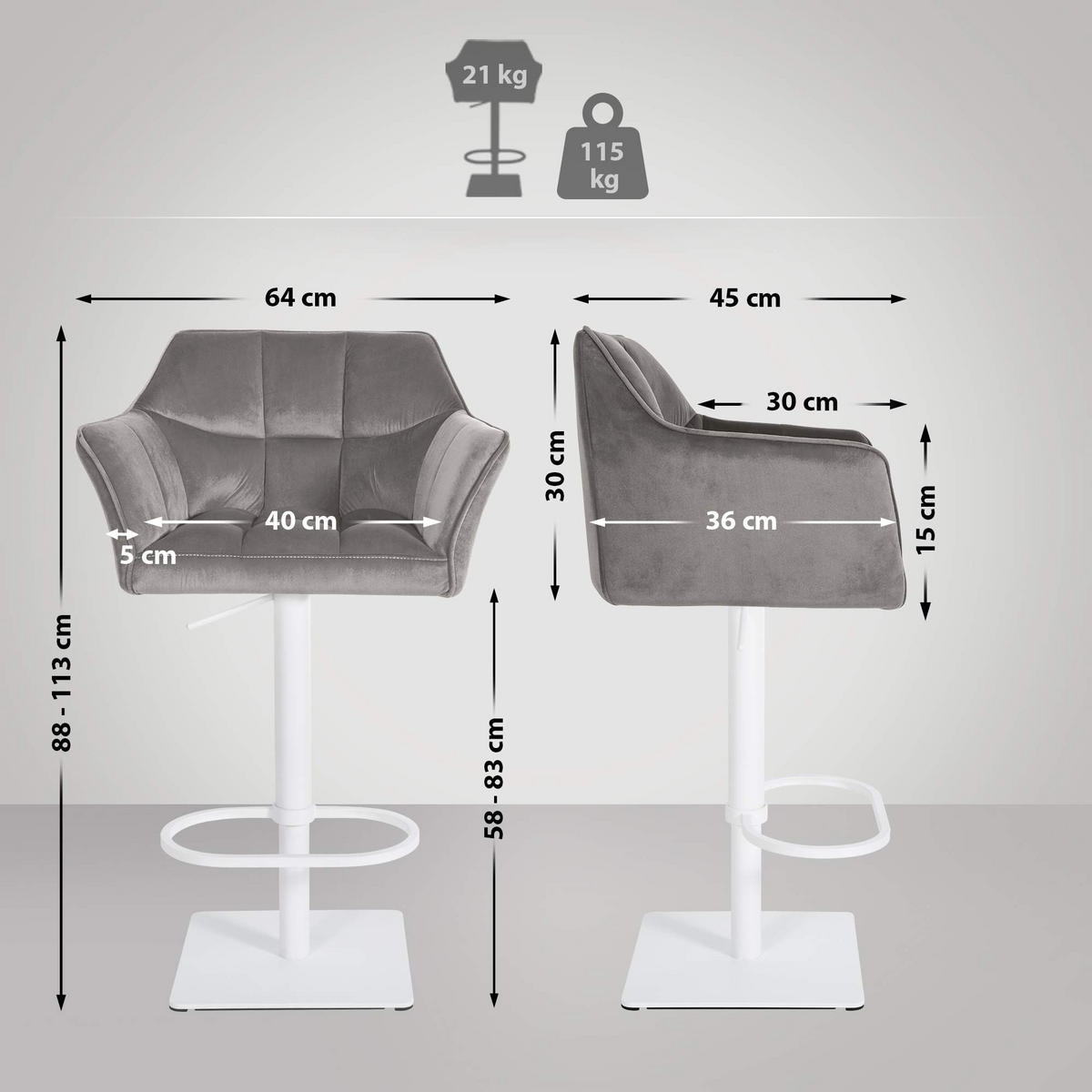 BARHOCKER Samt Grau - Weiß/Grau, Textil/Metall (64/88/45cm) - CLP