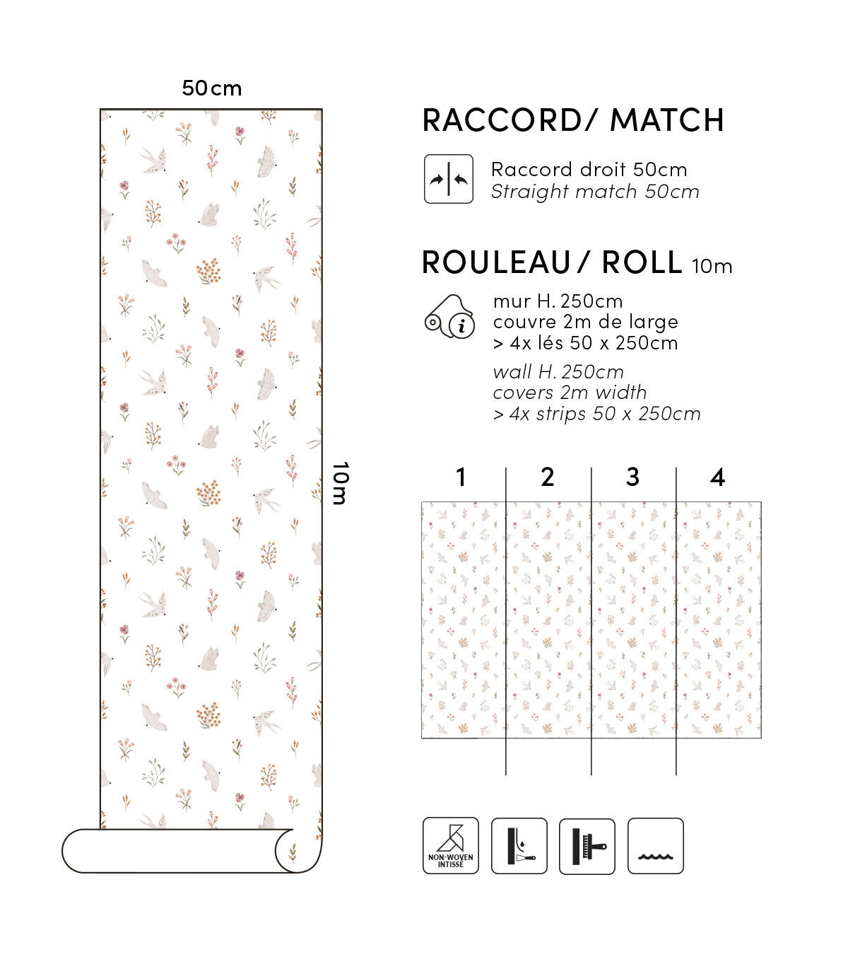 VLIESTAPETE Coccinella Blumen und Schwalben 50 cm x 10 m rosa/beige - Pink/Beige, Papier (50/1000cm) - Lilipinso