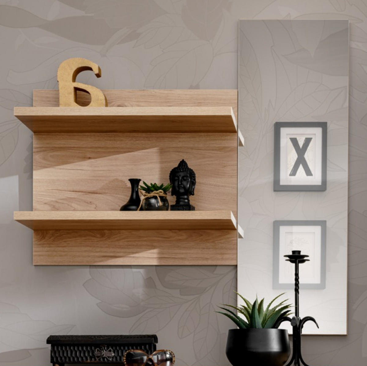 WANDSPIEGEL Eiche Jackson quadratisch 90 x 90 cm, Flurspiegel mit Ablage - Eichefarben, Glas/Holzwerkstoff (90/90/28cm) - Furn.Design