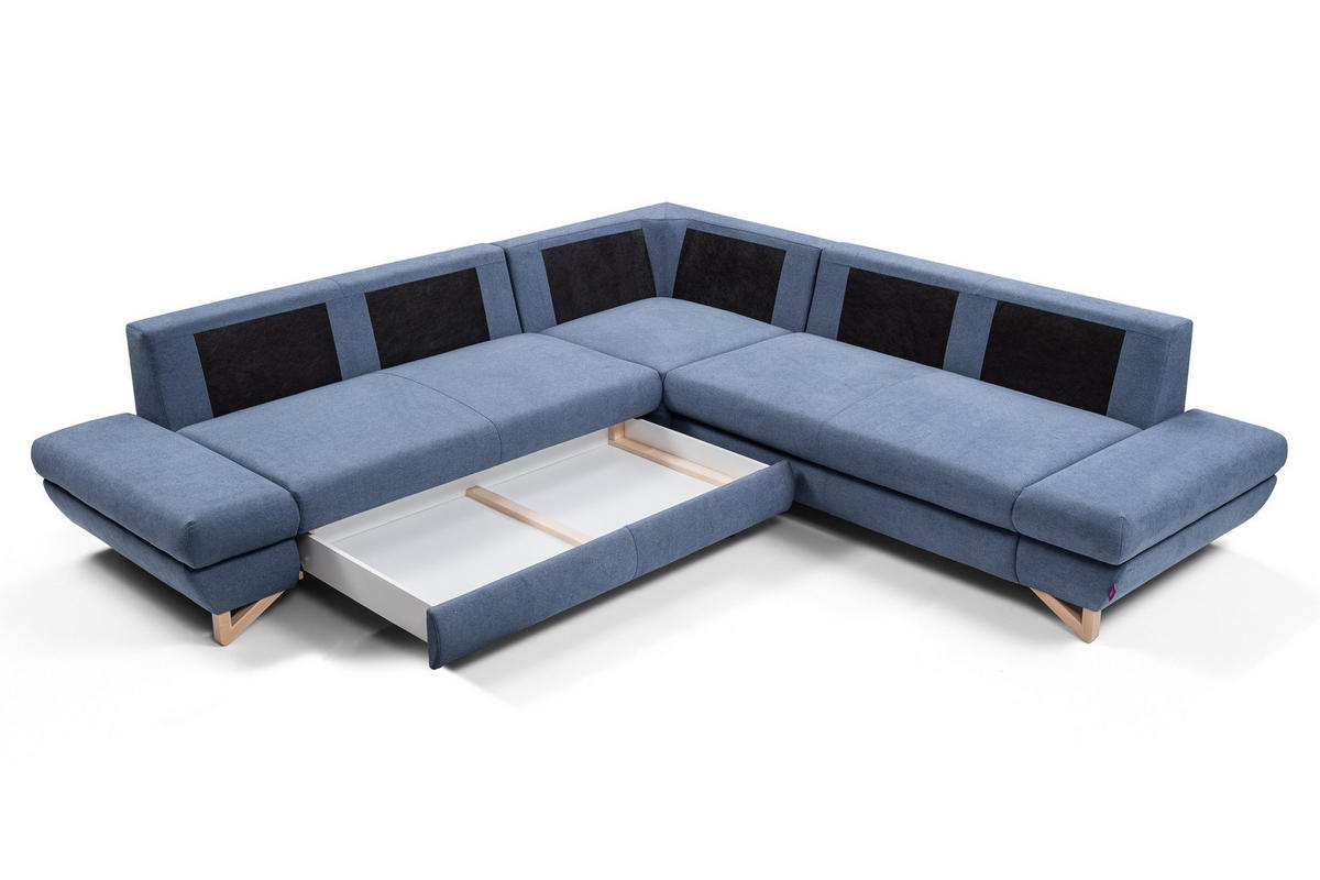ECKSOFA CASA III L-S Blau Plüsch-Stoff mit Schlaffunktion - Blau, Holz (272/272cm) - MASSENO