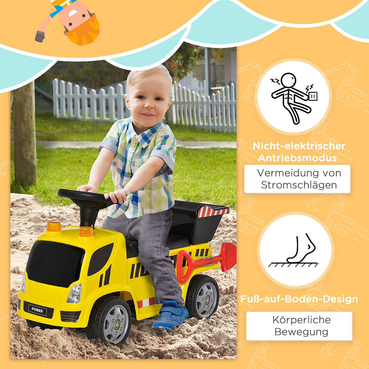 KINDER RUTSCHAUTO, Gelb, Metal+ PP-Kunststoff - Gelb, Metall (72/28.2/42cm) - HOMCOM