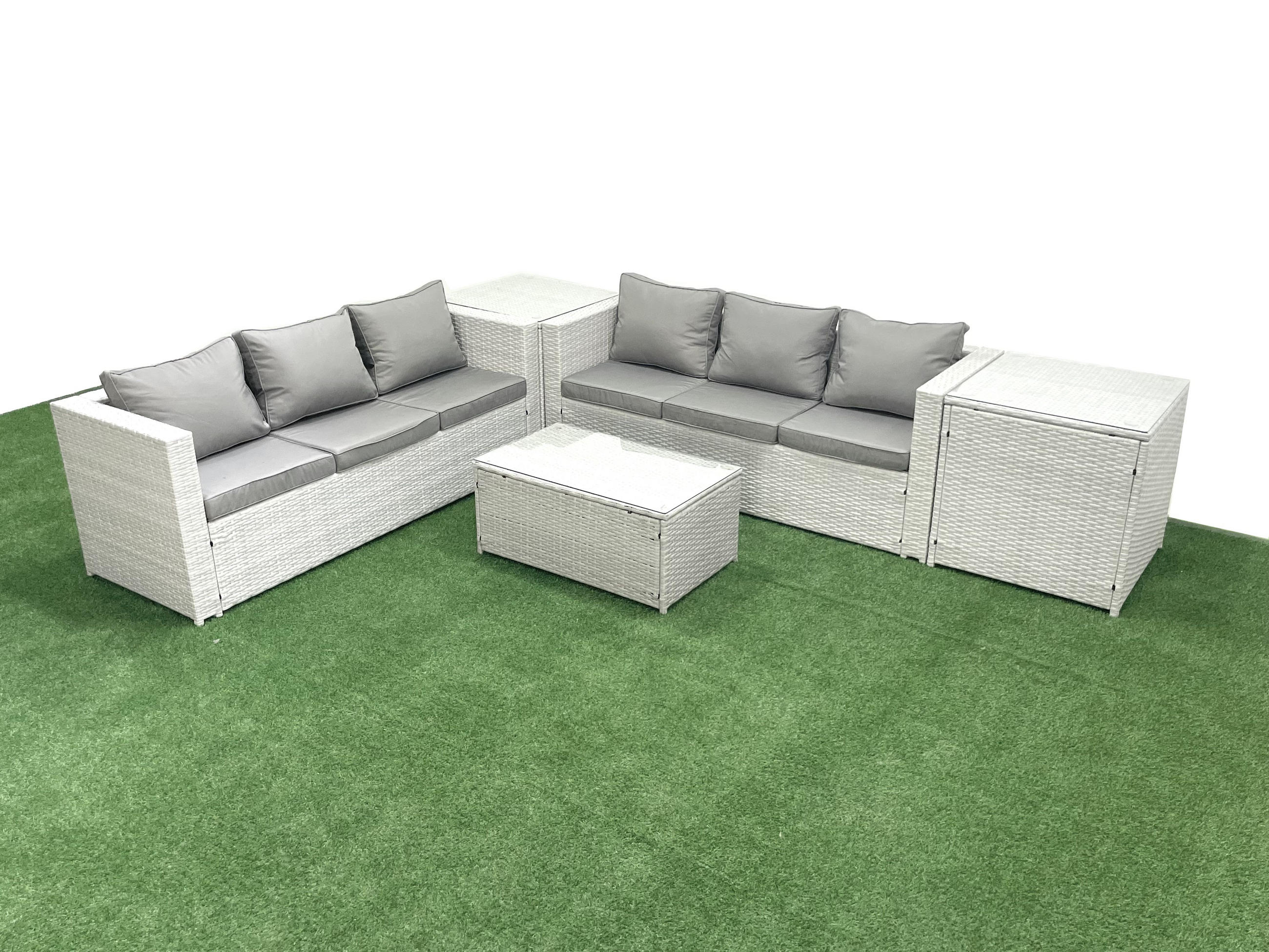 GARTENGARNITUR mit 3-SITZER SOFA,COUCHTISCH Polyrattan Hellgrau-Mix 6-Sitzer - Hellgrau/Grau, Glas/Kunststoff - Fimous