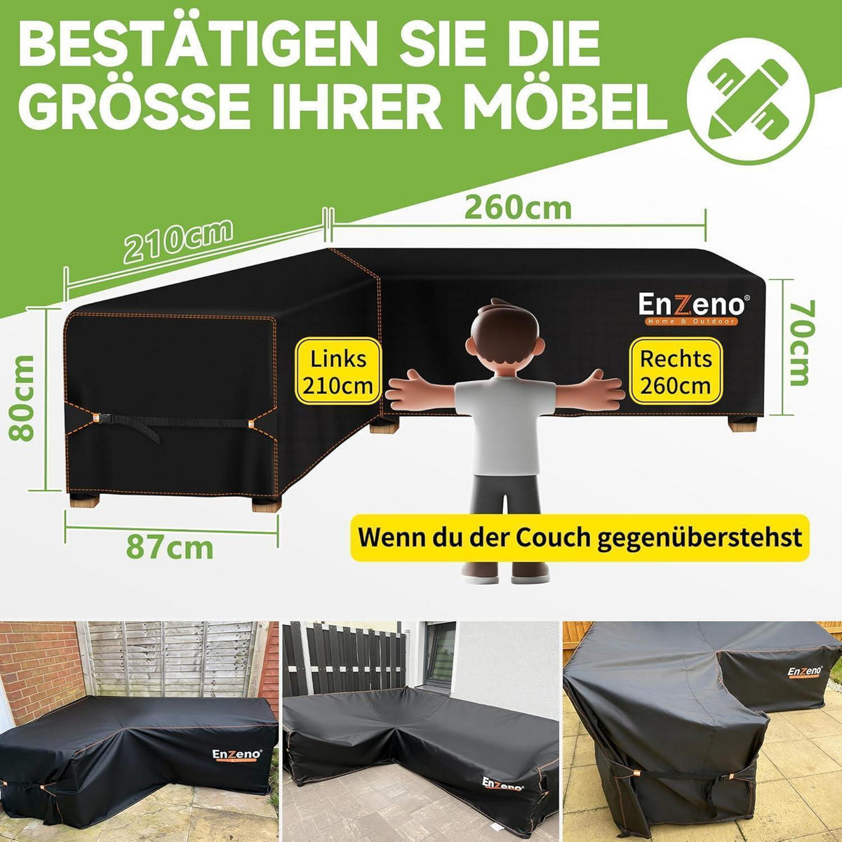 GARTENMÖBEL Abdeckung L-Form 210 x 260 x 87 cm Wasserdicht - Schwarz, Kunststoff (210/87/260cm)