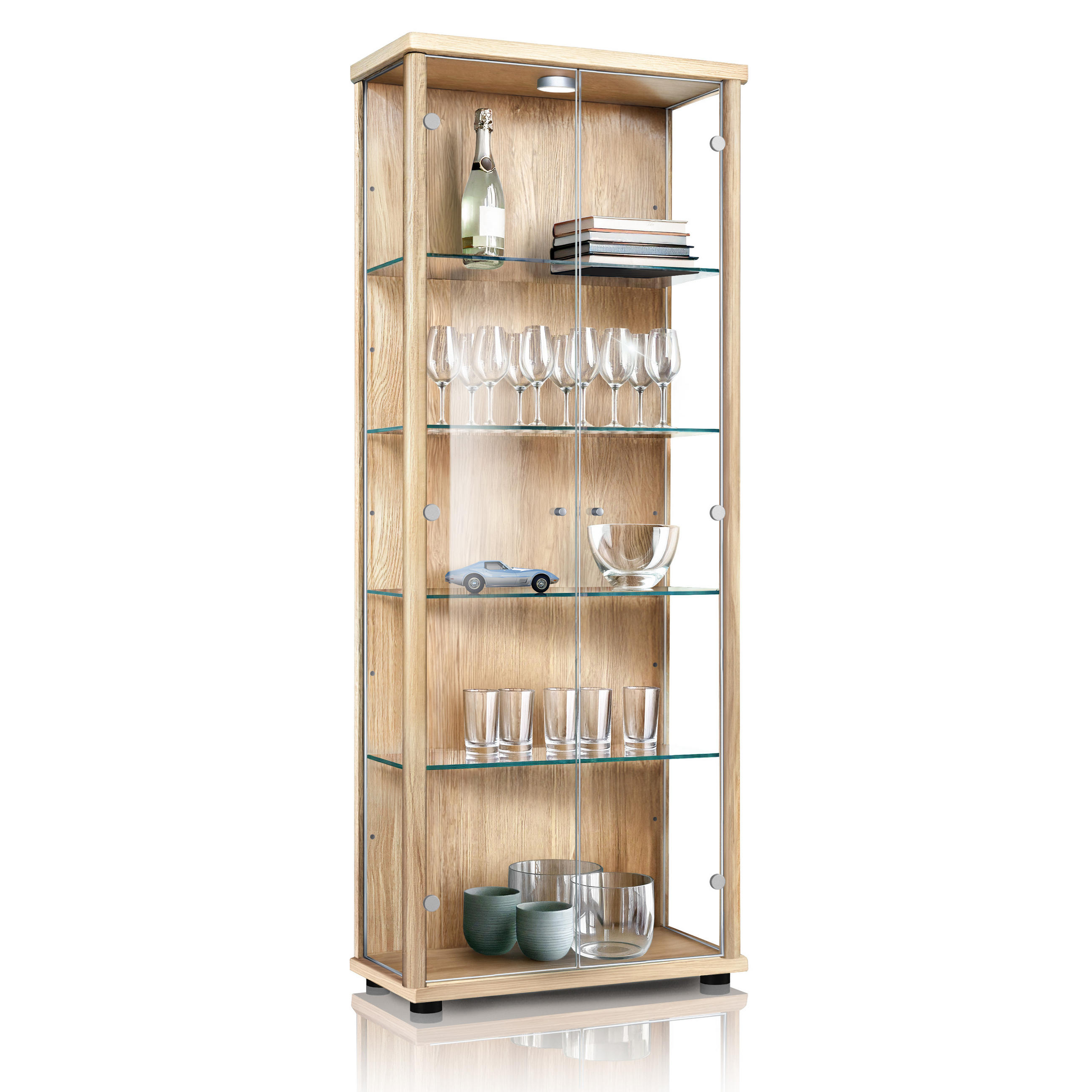 GLASVITRINE 33/67/176 cm mit LED & 4 höhenverstellbaren Glasböden - Transparent/Silberfarben, Glas/Holzwerkstoff (67/176/33cm) - K-Möbel