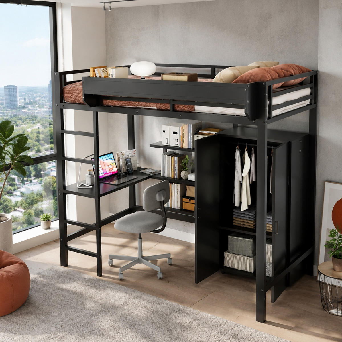 HOCHBETT 90/200 mit Schreibtisch, Kleiderschrank und Ablagefächern in Schwarz - Schwarz, Holzwerkstoff/Metall (90/200cm) - EVRYAE