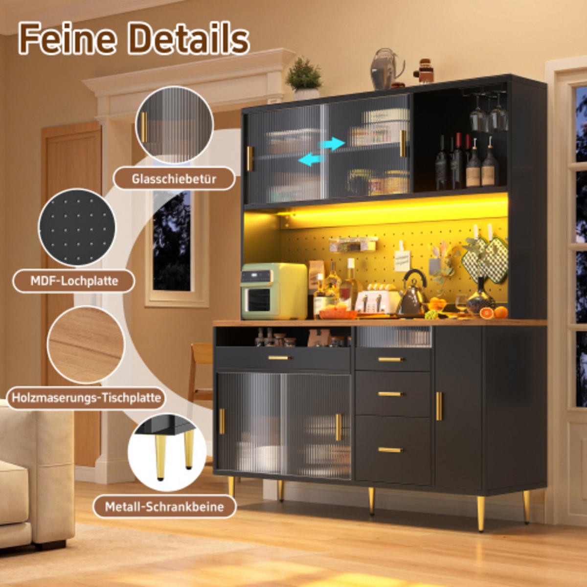HOCHVITRINE 145×39×171 cm aus MDF und Glas mit App-gesteuerter LED-Beleuchtung, schwarz - Schwarz, Holzwerkstoff (145/171/39cm) - Luhomfu