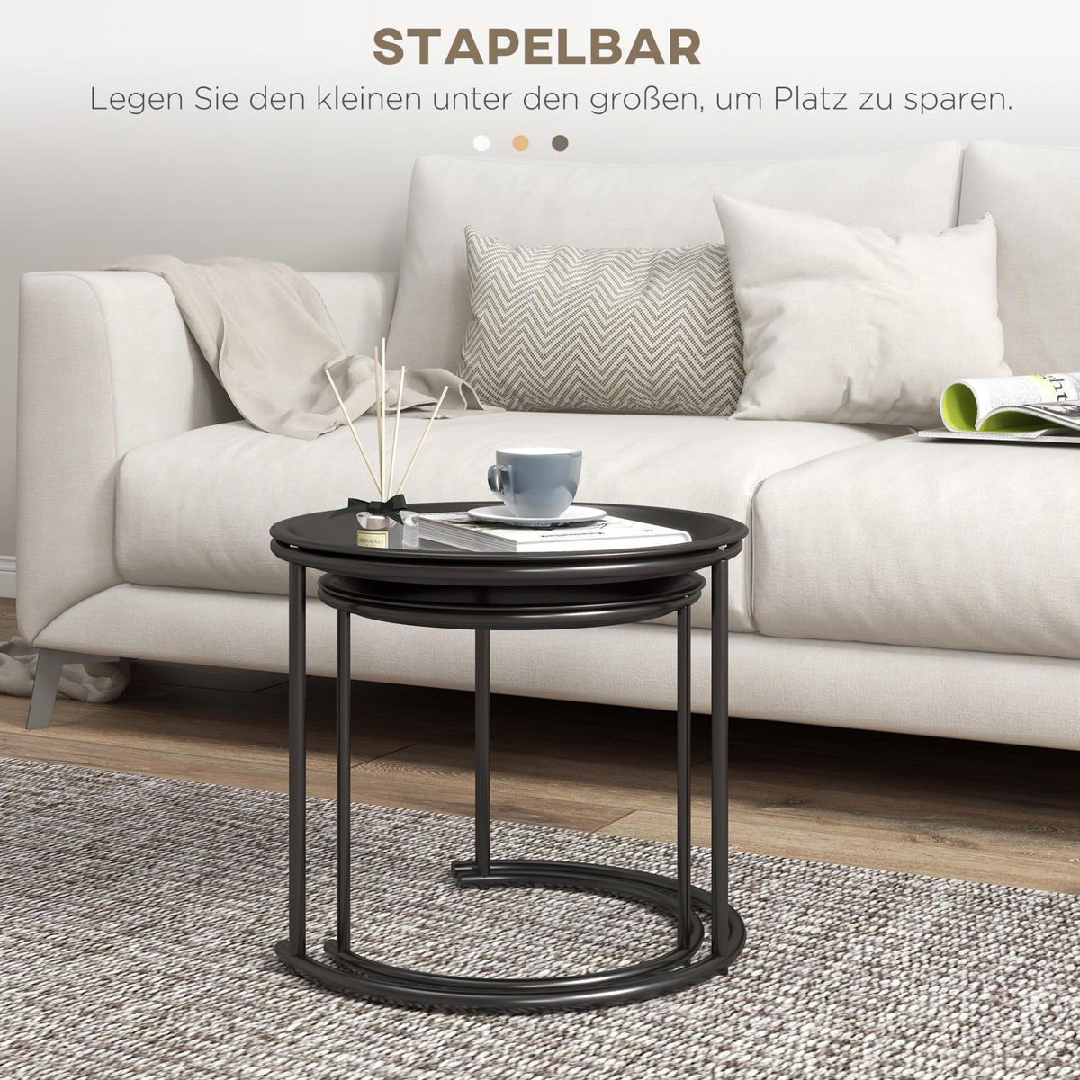 COUCHTISCH-SET 43/43/35 cm schwarz aus Stahl mit abnehmbaren Tabletts - Schwarz, Metall (43/43/38cm) - OKWISH