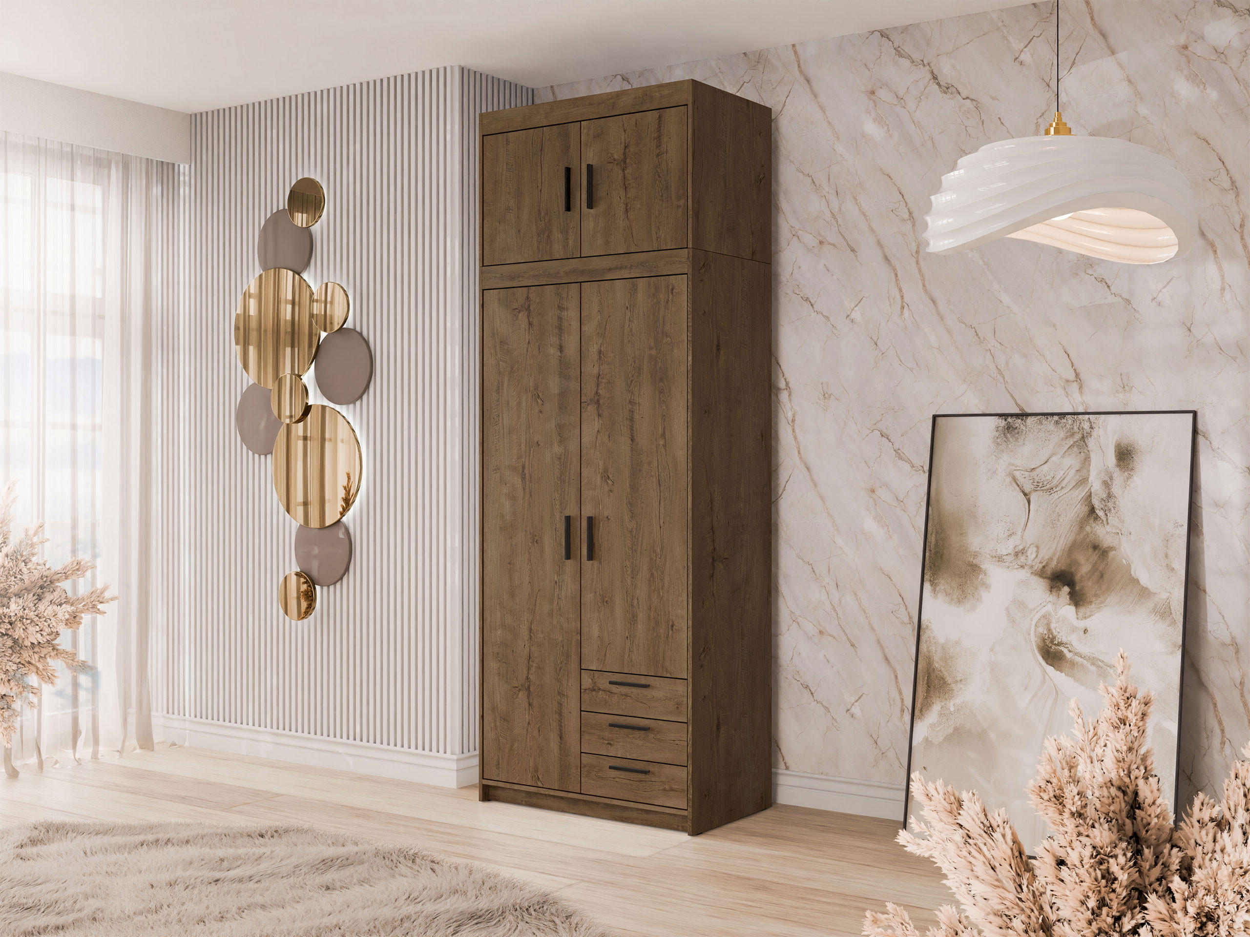 KLEIDERSCHRANK Elena 2D3S + Schrankaufsatz - Eichefarben/Schwarz, Holzwerkstoff/Kunststoff (90/246/53cm) - MIRJAN24