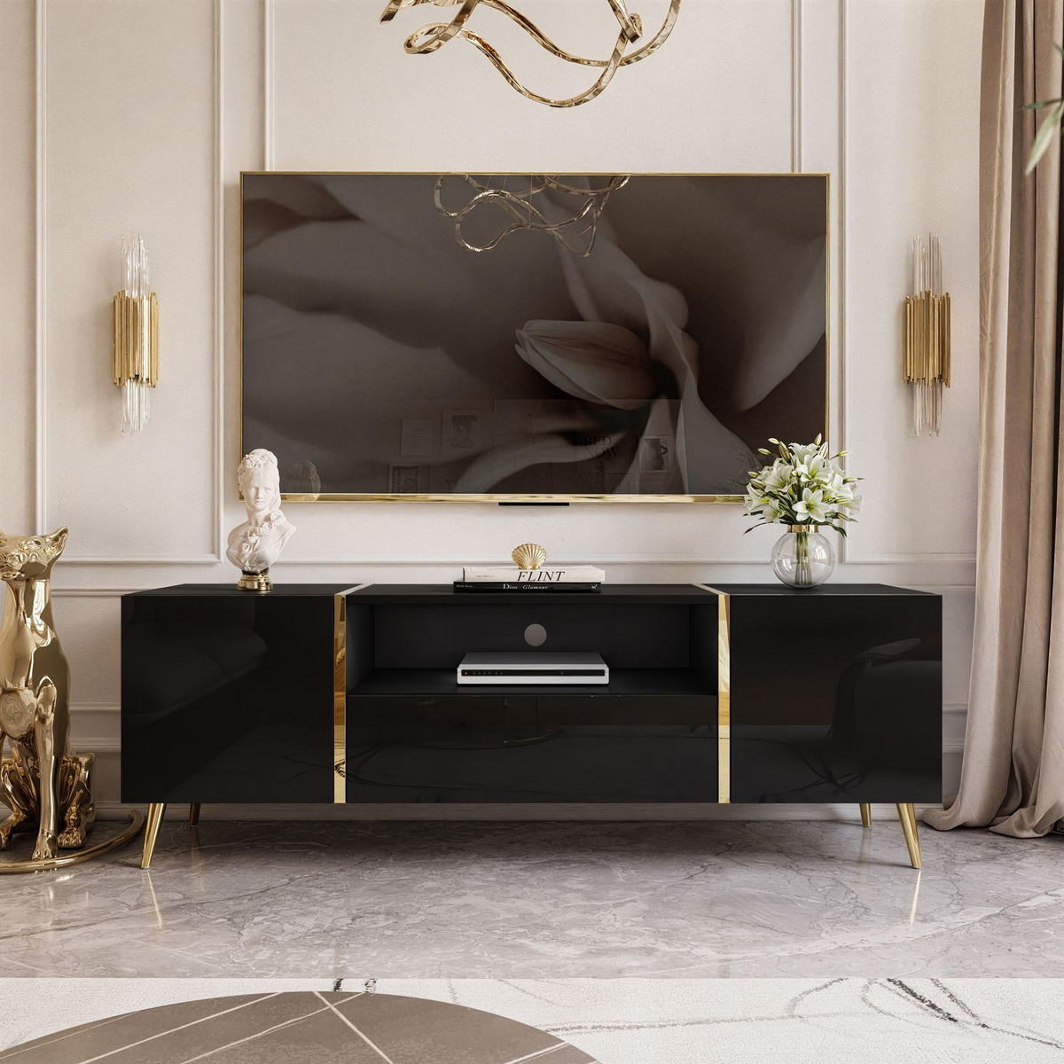 TV-ELEMENT ONYX AUF GOLDENEN BEINEN HOCHGLANZ 158 CM PUSH OPEN - Schwarz, Holzwerkstoff (158/53/41.3cm) - Lookway